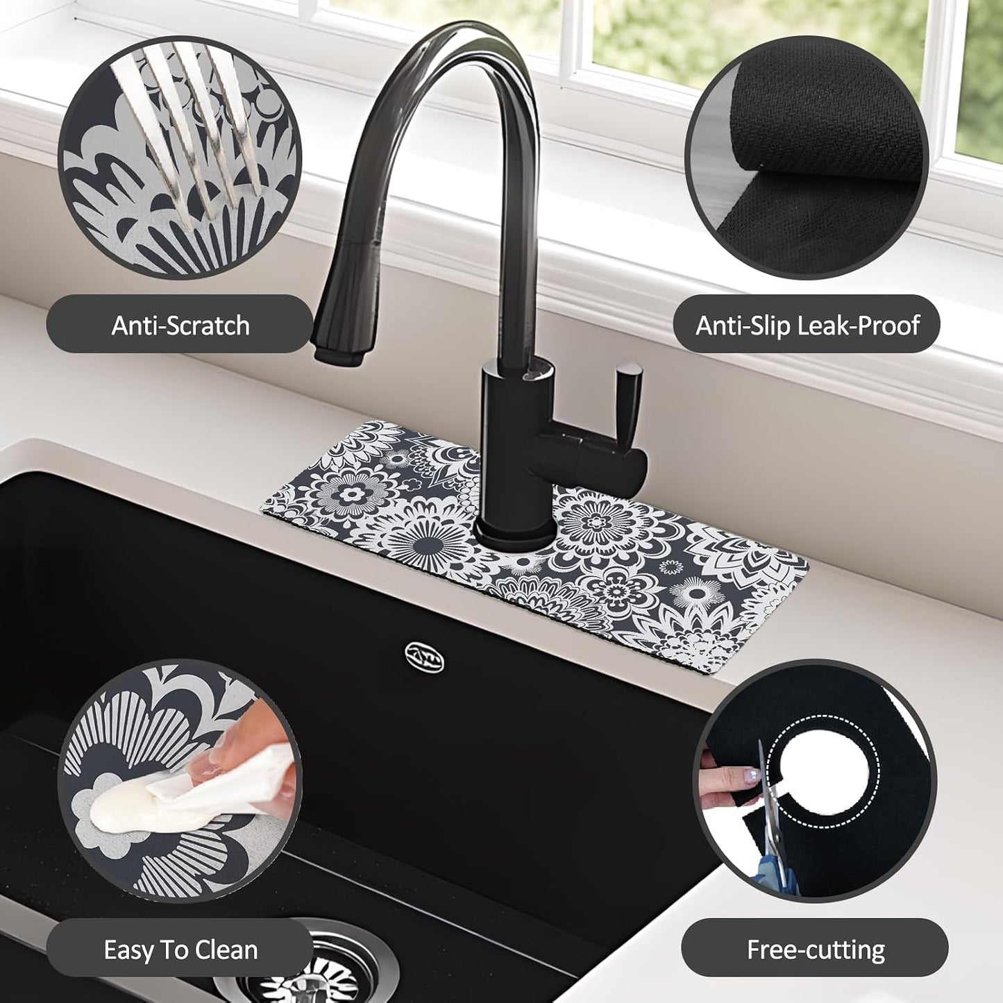 24" X 5.5" Kitchen Sink Splash Guard Faucet Mat Mandala Super Absorbent Fast Drying Faucet Guard & Draining Mat Sink Splash Guard Behind Faucet for Kitchen, Bathroom