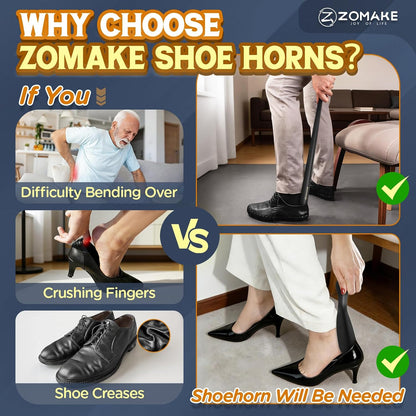 ZOMAKE Shoe Horn Long Handle for Seniors Men Women, Metal Shoehorn 16.5" | Stainless Steel Boot Horn Shoe Spoon Helper, Smooth Rounded Curve, Comfort Grip, No Bending Over, Shoe Care for Daily Use