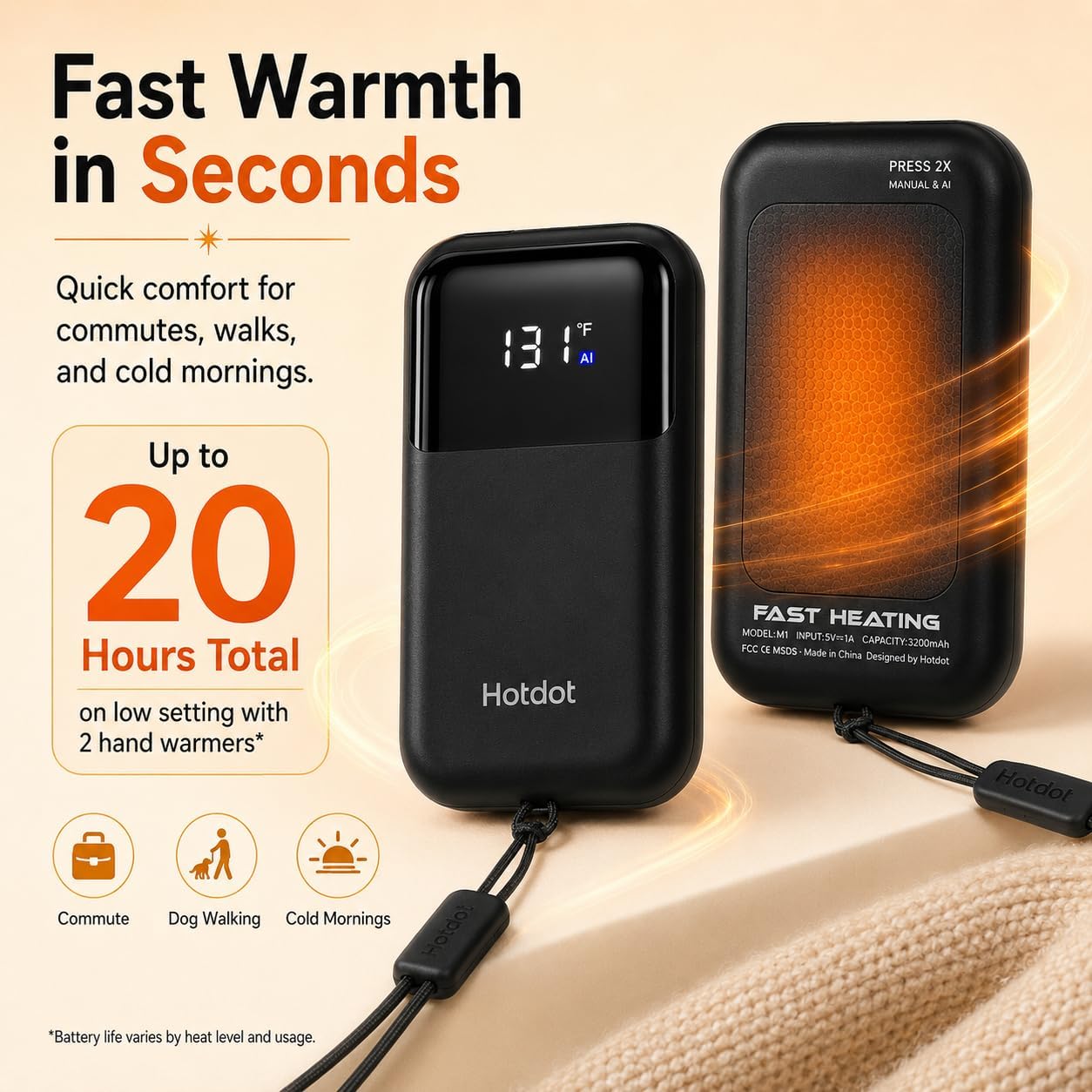 Hand Warmers Rechargeable, Heat Levels (104–131°F), Real-Time Temp & Battery Display, Electric Hand Warmers, Fast Heating, Fits in Gloves/Pocket, Gifts for Women & Men