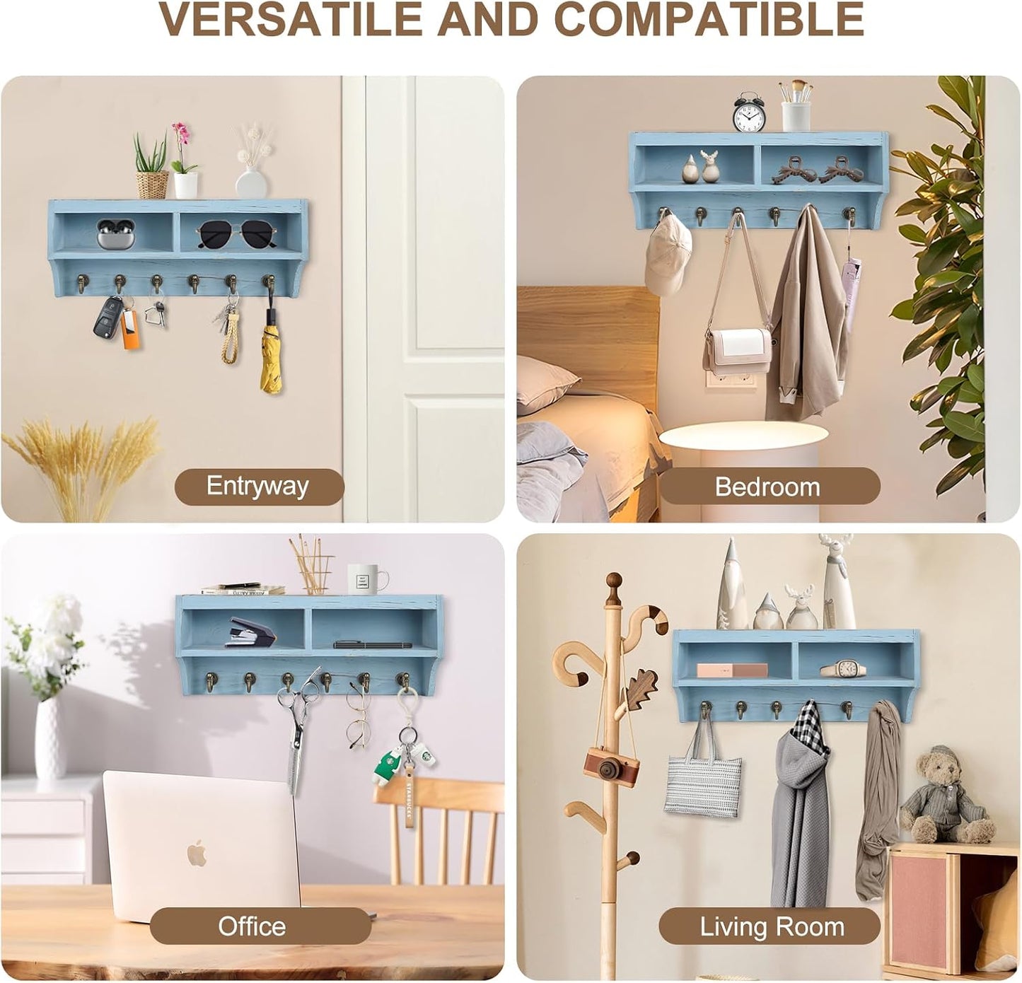 Key Holder Wall Mount with Mail Organizer, 6 Hooks & Shelf, Brown | Wood Key Holder Wall Mount with 6 Key Hooks, Shelf & Storage Box and Mail Organizer for Entryway, Apartment, Home and Office
