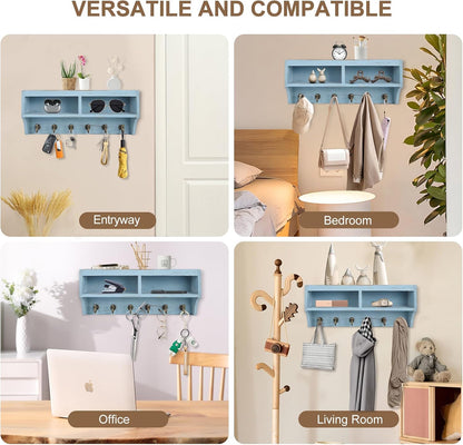 Key Holder Wall Mount with Mail Organizer, 6 Hooks & Shelf, Brown | Wood Key Holder Wall Mount with 6 Key Hooks, Shelf & Storage Box and Mail Organizer for Entryway, Apartment, Home and Office