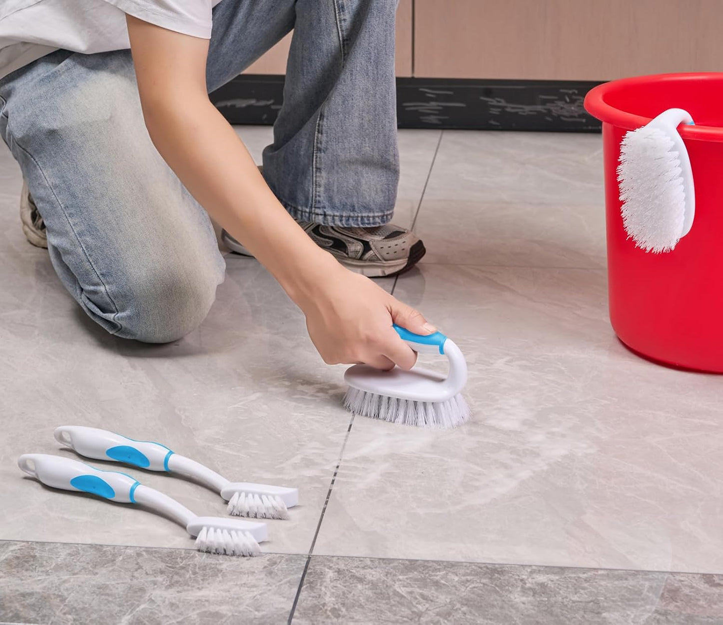 Scrub Brush Set, 4 Pack Deep Cleaning Brush Kit, Green | 2 Scrub Brush, 2 Tile & Grout Brush with Built-in Scraper, Household Commercial Scrubber for Floor, Shower, Pool Wall, Tub