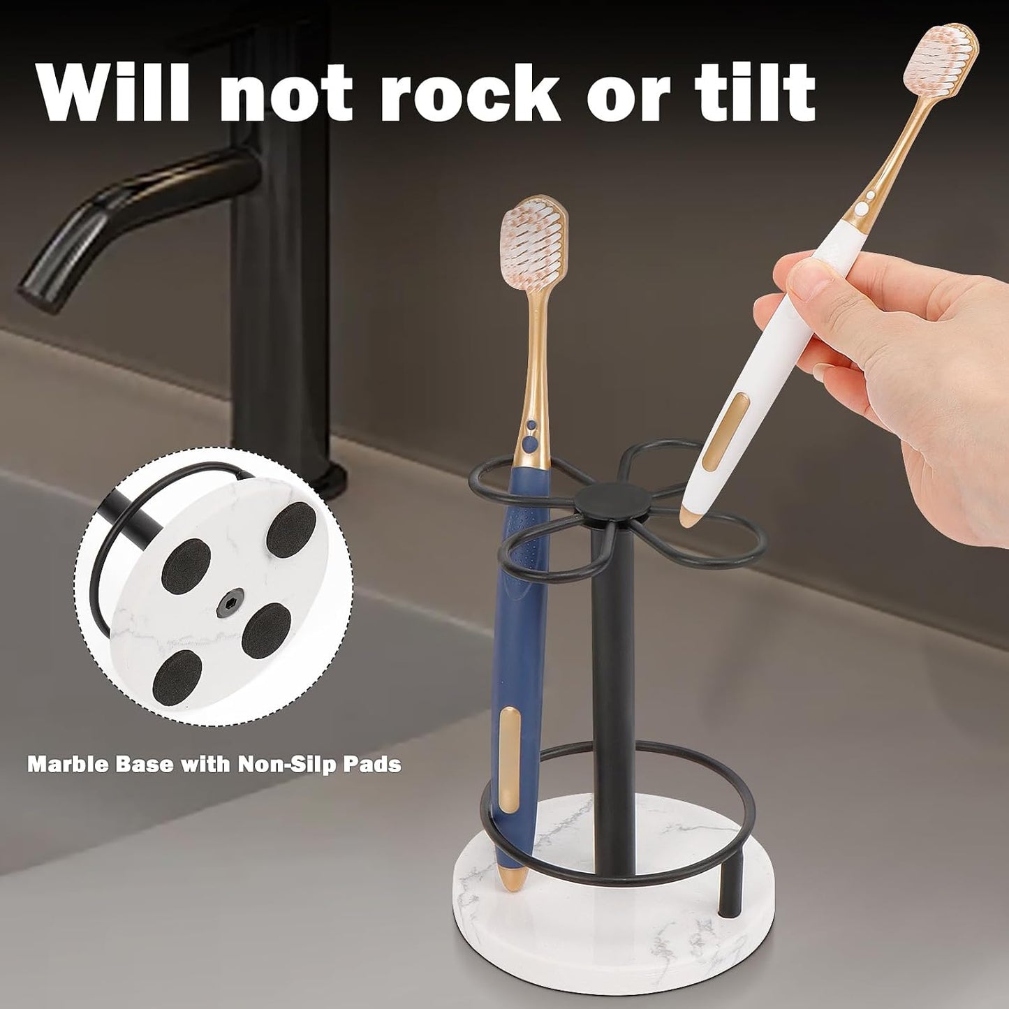 Toothbrush Holder Stand for Bathroom, Metal Toothbrush Organizer with Marble Base, Toothbrush Storage Collection for Family, Suitable for Home Hotel Countertop Vanity (Small, Matte Black)