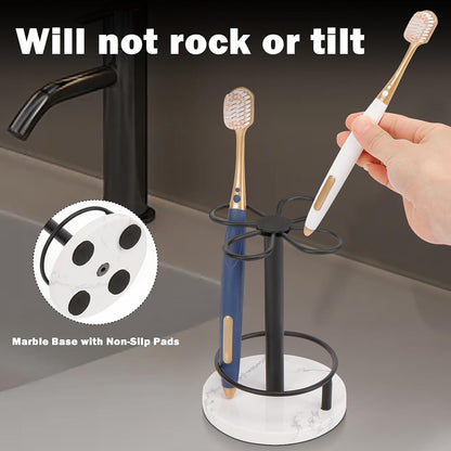 Toothbrush Holder Stand for Bathroom, Metal Toothbrush Organizer with Marble Base, Toothbrush Storage Collection for Family, Suitable for Home Hotel Countertop Vanity (Small, Matte Black)