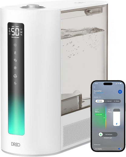 DREO 6L Smart Humidifiers for Bedroom, Warm & Cool Mist for Large Room | 60-Hour Quiet Runtime, 500ML/H Output, Smart Humidity Sensor, Indicator Light, App Control, Works with Alexa & Google, Silver