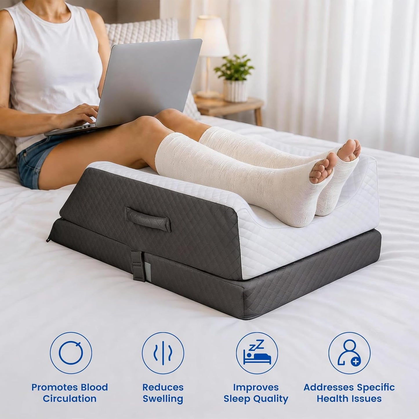 3-Height Adjustable Wide Leg Elevation Pillows for After Surgery or Sleeping, Memory Foam Support for Both Legs, Knee & Ankle Wedge for Swelling & Circulation, Removable Washable Velvet Cover
