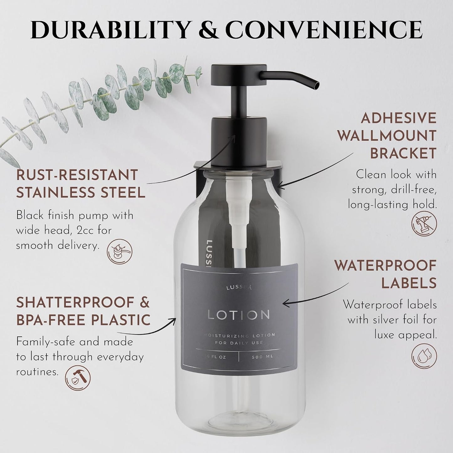 Shower Shampoo Dispenser Wall Mounted – 3 Refillable 16.9 oz Clear Bottles with Stainless Steel Pumps & No-Drill Adhesive Holders – Soap Dispenser Set for Bathroom (3 X Clear/Silver)