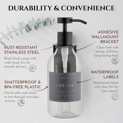 Shower Shampoo Dispenser Wall Mounted – 3 Refillable 16.9 oz Clear Bottles with Stainless Steel Pumps & No-Drill Adhesive Holders – Soap Dispenser Set for Bathroom (3 X Clear/Silver)