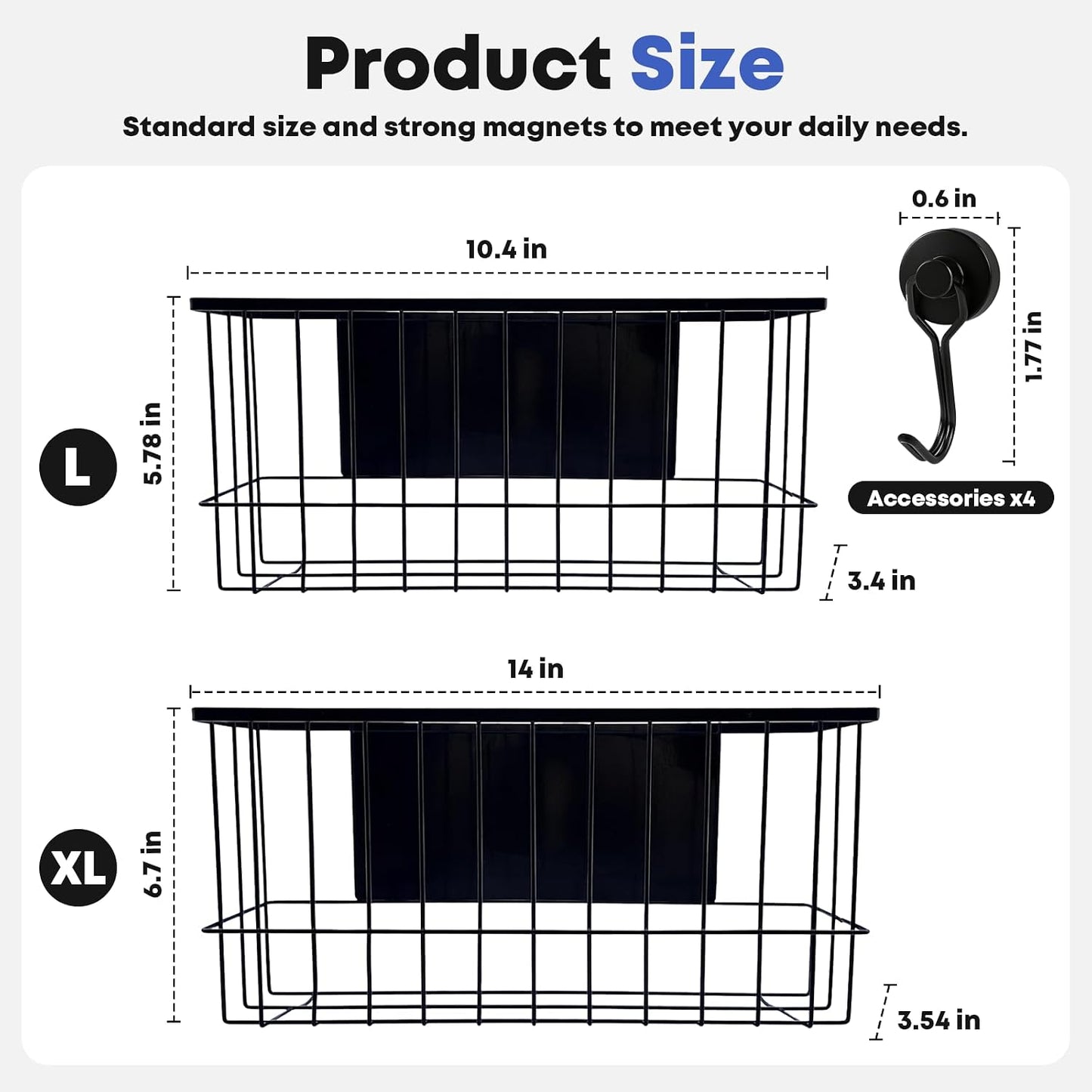 Magnetic Holder for Wool Dryer Balls & Lint Bin (2-Pack, Black) – Extra Long 14.2" & 10.4" Metal Laundry Trash Can – Washer Side Organizer with 4 Magnetic Hooks (Balls Not Included)