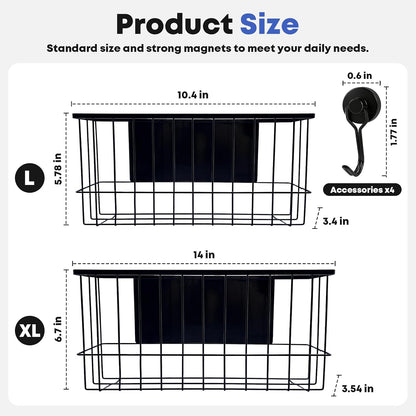 Magnetic Holder for Wool Dryer Balls & Lint Bin (2-Pack, Black) – Extra Long 14.2" & 10.4" Metal Laundry Trash Can – Washer Side Organizer with 4 Magnetic Hooks (Balls Not Included)