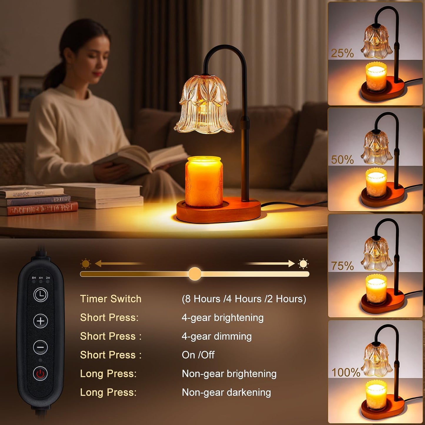 Candle Warmer Lamp Adjustable Timer - Electric Flower Glass Candles Light | Height Adjustable Dimmable Vintage Base Modern Wax Candles Jar Top Warmers Wax Melts Birthday Women Mom House Warming Gifts