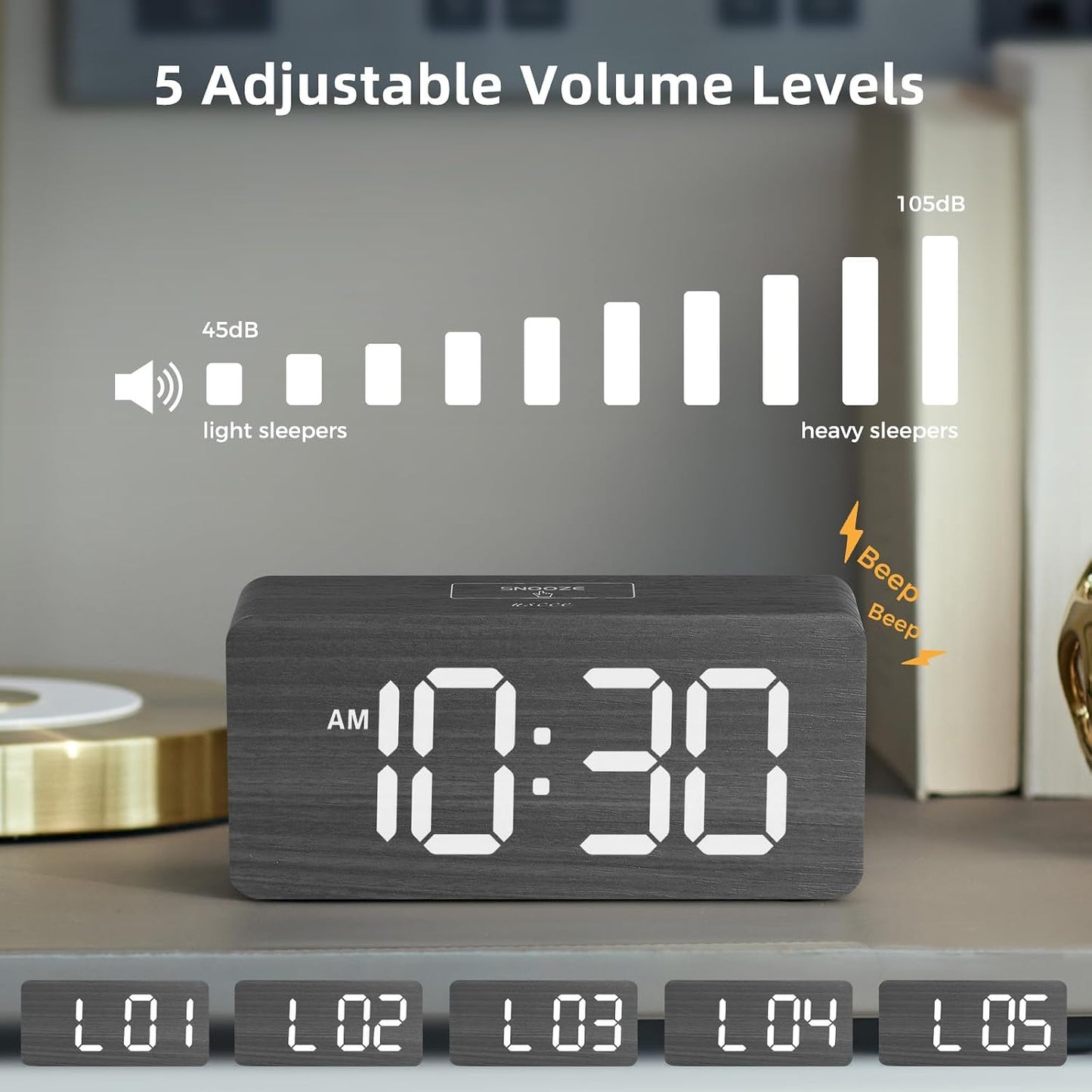 uscce Wooden Digital Alarm Clocks for Bedrooms with 0-100% Dimmable Display | Desk Clock with Large Numbers for Living Room - Loud Dual Alarm for Heavy Sleepers with Volume Control - Wood Decor & Gifts