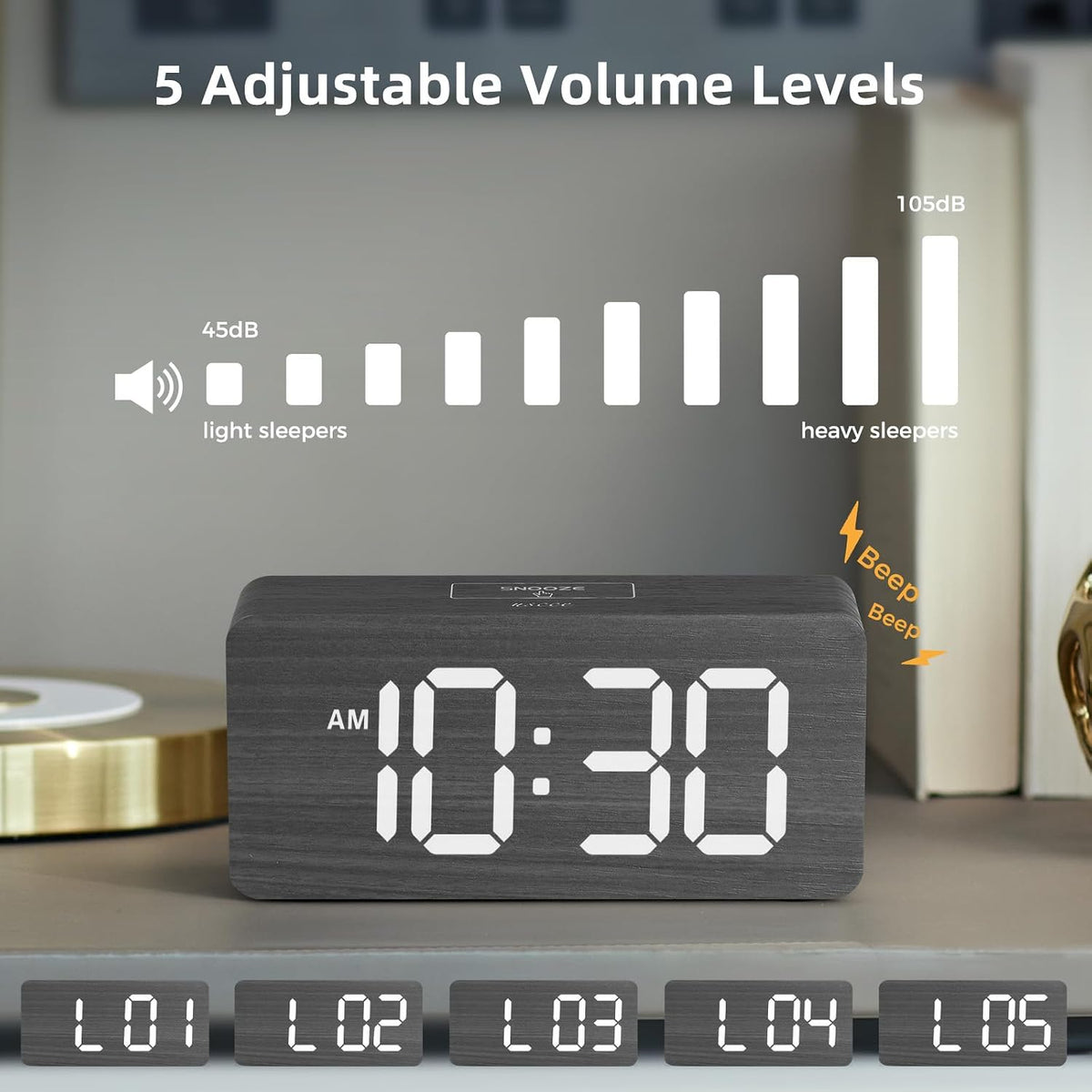 uscce Wooden Digital Alarm Clocks for Bedrooms with 0-100% Dimmable Display