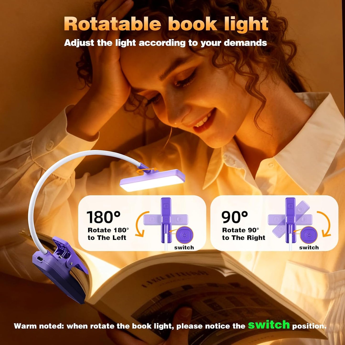 VAVOFO Rechargeable Book Light Rotatable：24 LEDs Reading Light, 3-Color & 9-Brightness Book Lamp, Eye Cared 120Hrs Runtime Lightweight Clip on Led Light for Book Lovers (Black)
