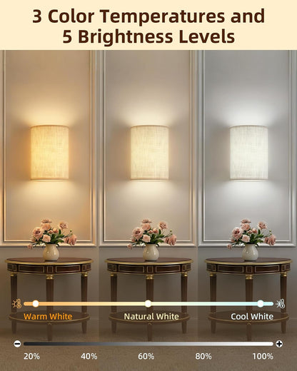 EZVALO Battery Operated Wall Sconce, Rechargeable Wall Sconces Set of Two with Remote, Peel and Stick Wireless Wall Lights, 3 Color & 80 RGB, Dimmable, Timer, Fabric Linen Wall Mount Lamp for Bedroom
