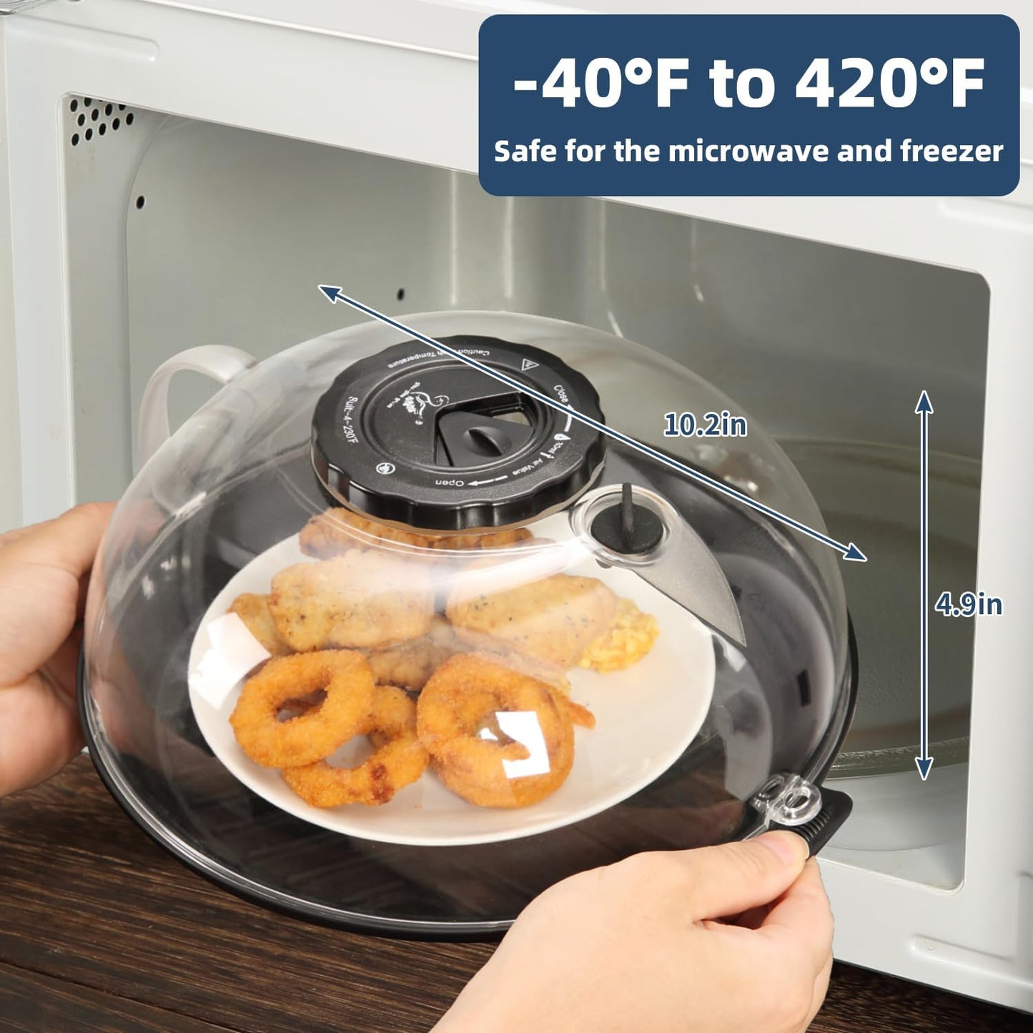 Microwave Splatter Cover Lid for Food 10.2 Inch with Water Steamer, Clear Microwave Splash Guard Cooker Lid with Plate, Dish Bowl Plate Serving Cover Cookware High Transparent Plastic Black