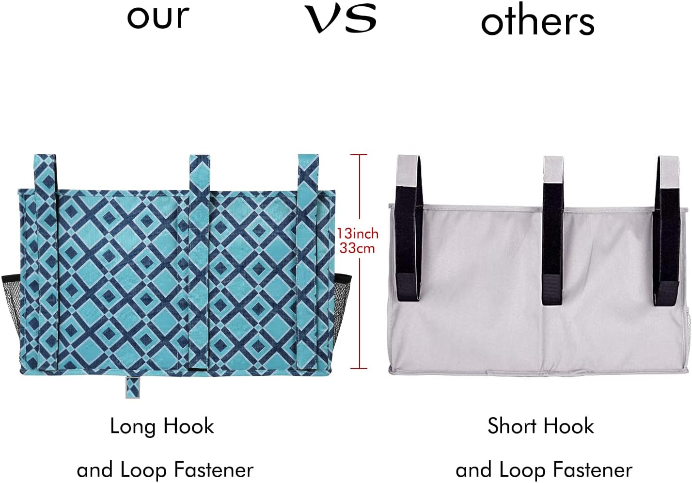 Surblue Bedside Caddy Hanging Organizer Storage Bag Pocket for Bunk, Hospital, College Dorm Rooms, Baby Bed Rails, Camp - 4 Pockets, 2 Hooks (Blue)