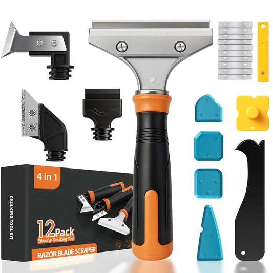 4 in 1 Caulking Tool Kit, Multi-Function Caulk Remover Tool(Orange) | Grout Removal Tool, Silicone Sealant Cleaner for Bathroom, Shower, Tile, Window, Household Caulk Kit