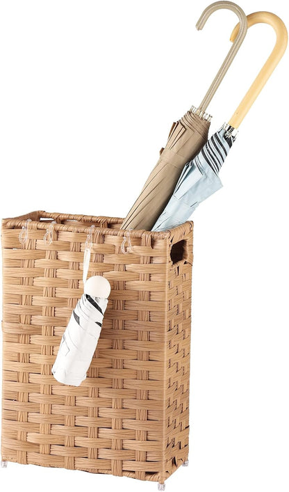 Rattan Umbrella Stand, Umbrella Holder for Entryway, Hand Woven Umbrella Rack Organizer Freestanding, with a Detachable Drip Tray, 4 Hooks, 11.8" L x 5.5" W x 16.5" H, Natural