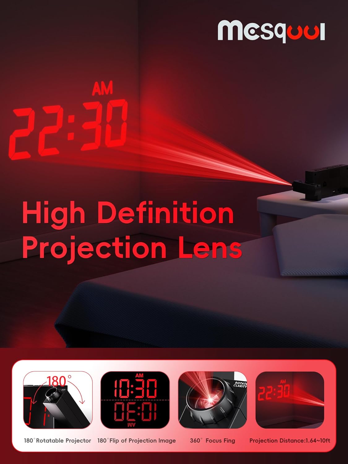 Mesqool Projection Alarm Clock with Bed Shaker, Dual Alarms