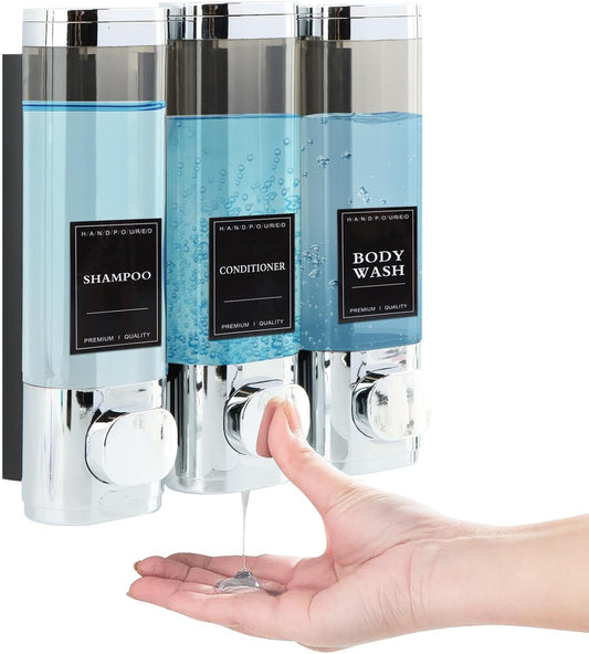 Shampoo and Conditioner Dispenser 3 Chamber No Drill Shower Soap Dispenser Wall Mounted, Shampoo Dispenser for Shower Wall Body Wash Dispenser for Bathroom Toilet Hotel Kitchen
