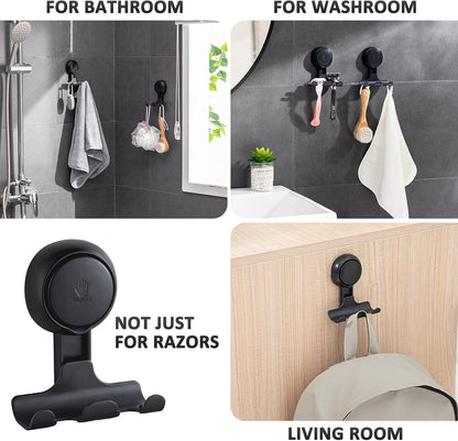Razor Holder for Shower 2 Pack, Powerful Vacuum Suction Cup Hook for Towel, Loofah, Razor, Squeegee, Damage-Free Wall Shower Hook, Shaver Holder for Bathroom, Easy to Install and Reuse, Black