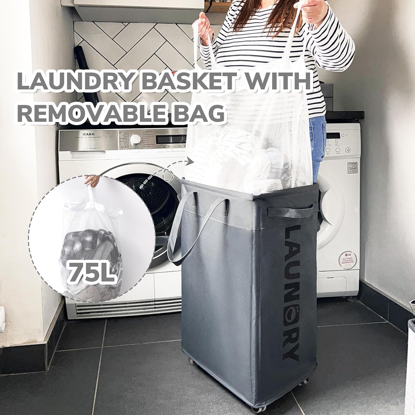 CHICVITA 75L Large Rolling Laundry Basket with Wheels & Wash Bag, Grey | Collapsible design saves space for corner dorms. Removable wash bag for easy laundry transport