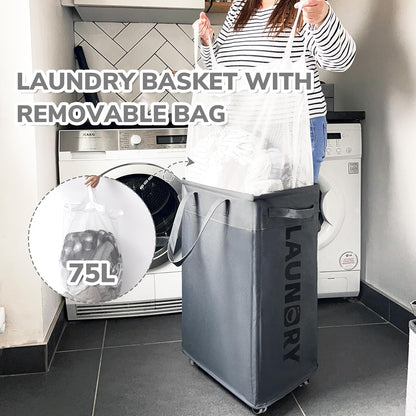 CHICVITA 75L Large Rolling Laundry Basket with Wheels & Wash Bag, Grey | Collapsible design saves space for corner dorms. Removable wash bag for easy laundry transport