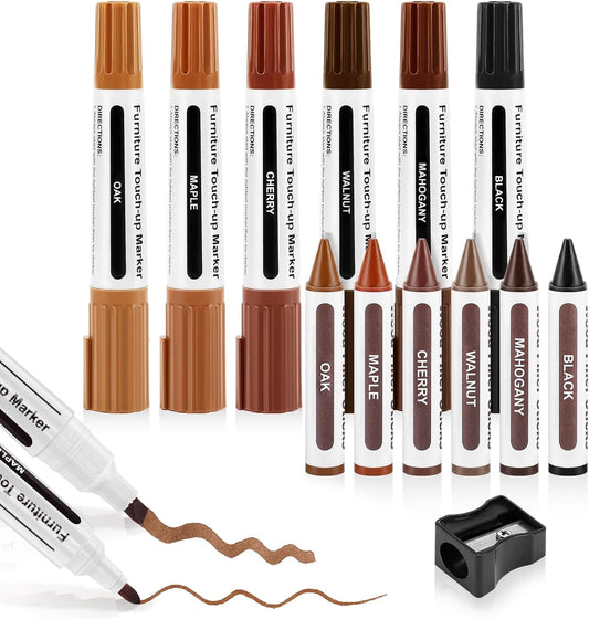 Dual Tip Furniture Markers Touch Up, Upgrade 13 Pcs Markers Furniture Repair Kit, Touch Up Paint Pen and Wood Filler Putty Stick with Sharpener Kit, for Stain Remover, Floor Scratch Repair