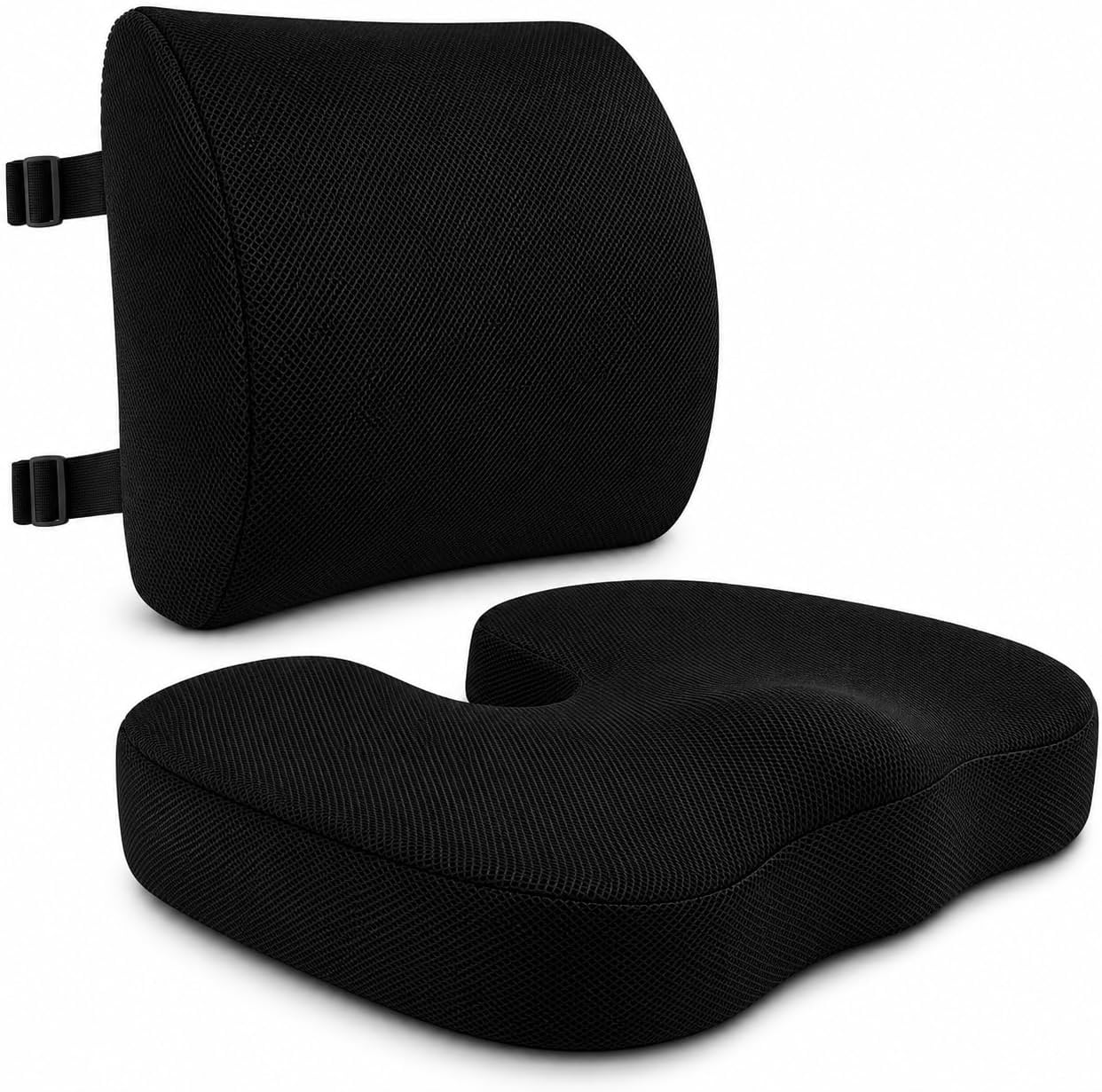 2-in-1 Memory Foam Seat Cushion & Lumbar Support Set | Ergonomic Office Chair Cushion for Tailbone, Sciatica & Help Back Pain Relief | Non-Slip Coccyx Pad, Washable Cover, Adjustable Strap