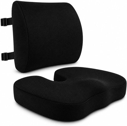 2-in-1 Memory Foam Seat Cushion & Lumbar Support Set | Ergonomic Office Chair Cushion for Tailbone, Sciatica & Help Back Pain Relief | Non-Slip Coccyx Pad, Washable Cover, Adjustable Strap