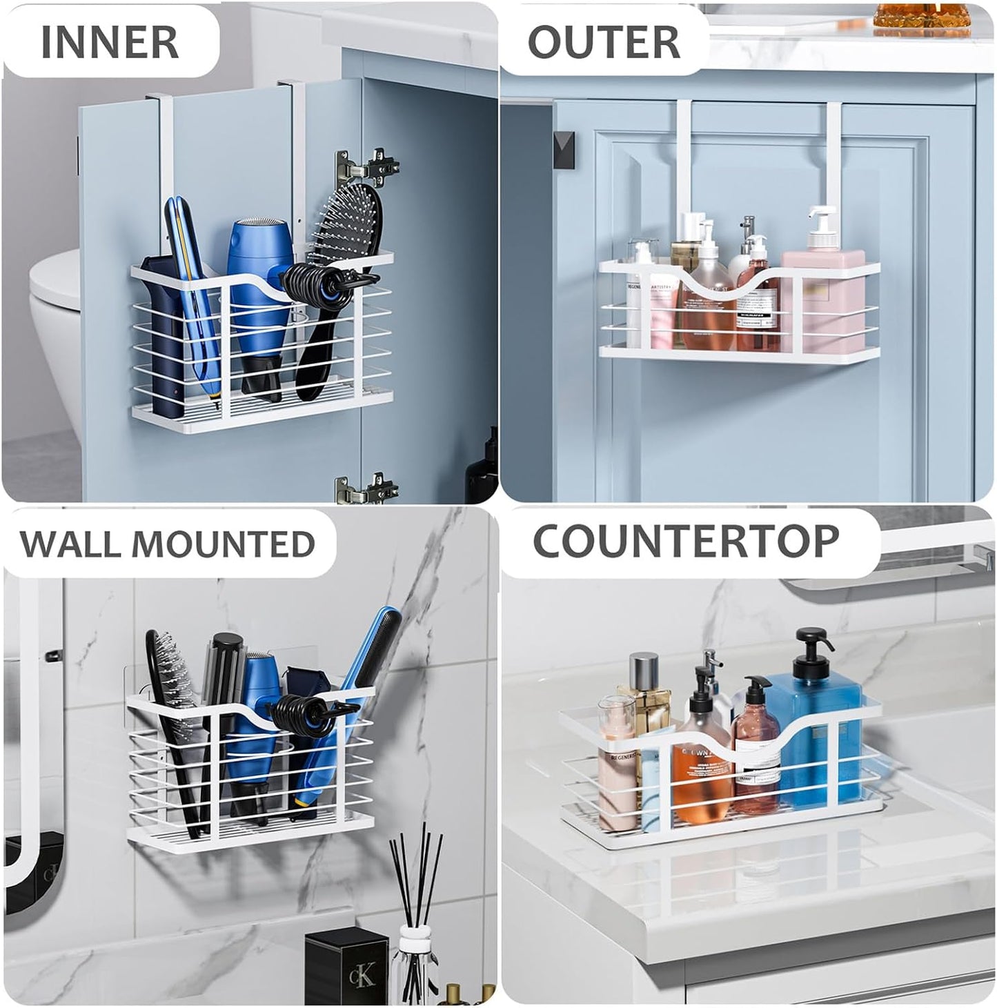 Hair Dryer Holder, 2PC Hair Tool Organizer, Blow Dryer Holder, Adjustable Height Bathroom Cabinet Organizer Tray for Hair Dryer Straightener Wall Mounted/Cabinet Door