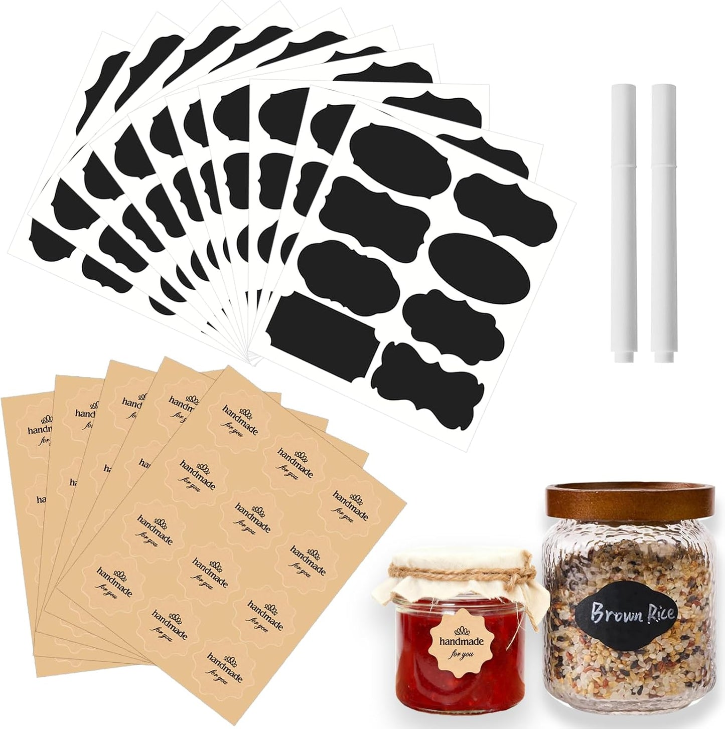 142 Pcs Canning Label Stickers Set with Chalk Markers for Mason Jars | 80 Reusable Blackboard Labels, 60 Handmade for You Stickers, 2 Erasable Chalk Markers for Spice Jam & Various Food Containers