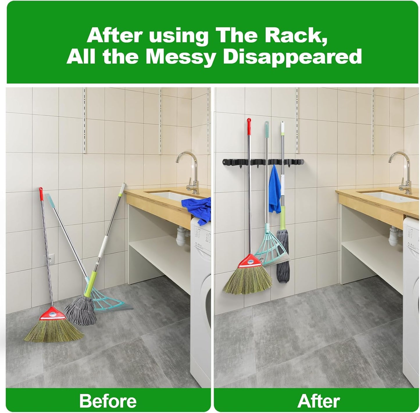 voze 5 Racks and 4 Hooks Mop and Broom Holder Wall Mount, Self Adhesive Heavy Duty Broom Hanger Organizer Storage Tool Racks for Kitchen Garden Laundry Garage