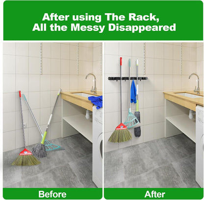 voze 5 Racks and 4 Hooks Mop and Broom Holder Wall Mount, Self Adhesive Heavy Duty Broom Hanger Organizer Storage Tool Racks for Kitchen Garden Laundry Garage