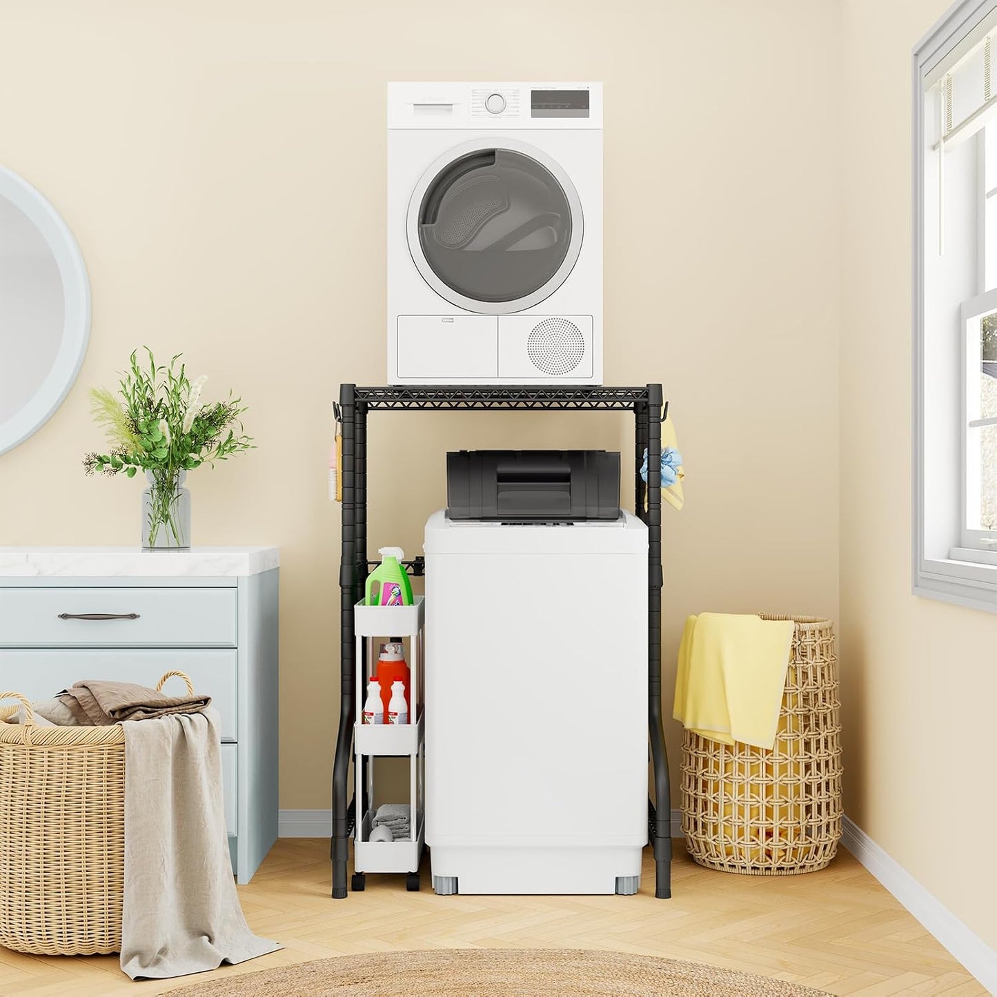 U16 Upgraded Washer Dryer Stacking Rack for Narrow Laundry Room | Metal Over Washer and Dryer Storage Shelves, Laundry Space Saver for Portable Dryer, 29.5"W x 23.6"D x 53.1"H, White