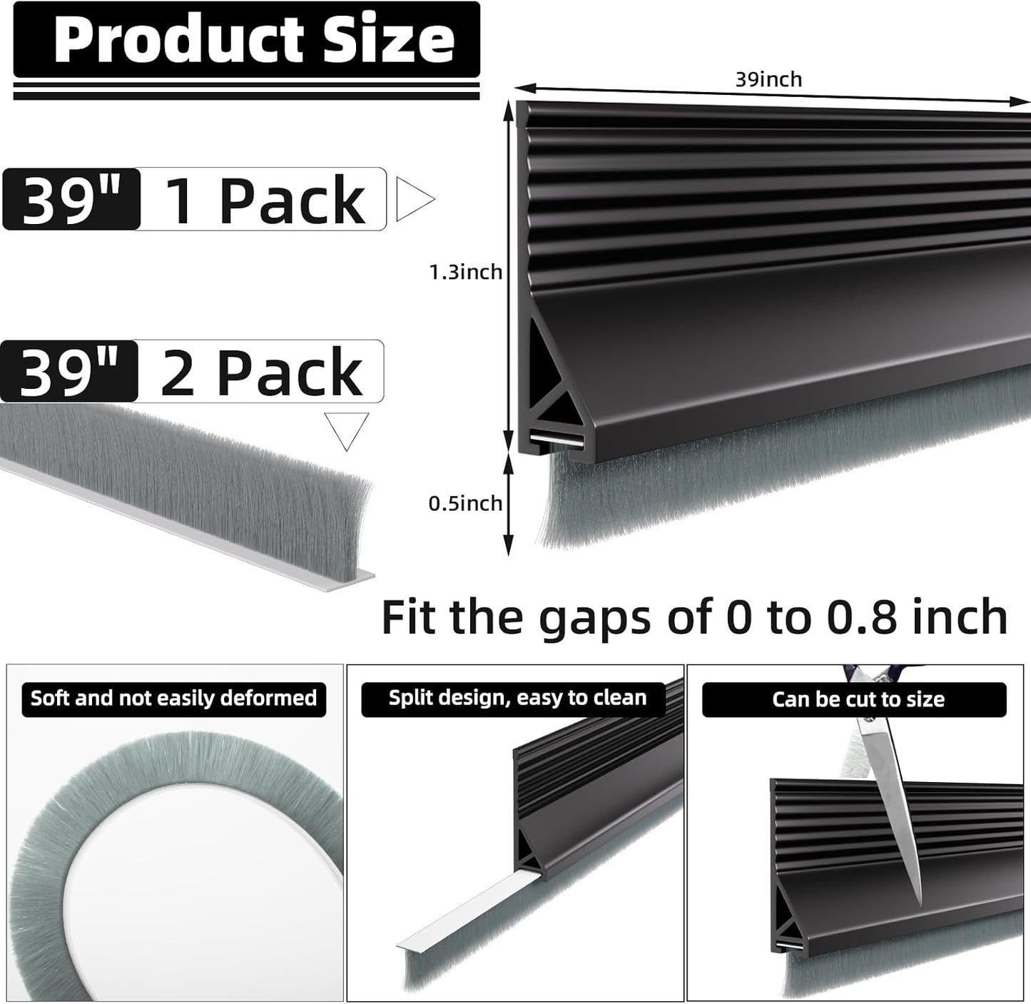 Esufeir 39” Under Door Draft Stopper with Brush,Black | Bottom of Door Sweeps for Exterior & Interior,Gap Filler Sound Blocker Seal Strip,Draft Guard Dust Stopper