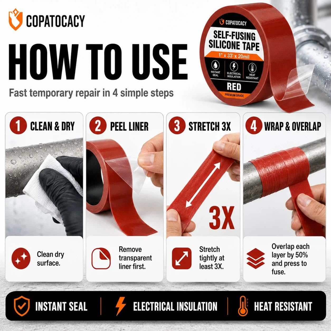 Self-Fusing Silicone Sealing Tape, Waterproof Repair Tape for Hose, Pipe, Electrical Cable, High Strength Leak Fix Wrap, Weatherproof Emergency Insulation Tape (1" x 5' x 20mil)