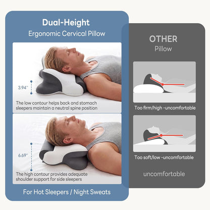 DUMOS 2-in-1 Contoured Neck Pillow, Slow Rebound Cooling Memory Foam with Detachable Round Support Roll, Multi Support Bolster for Neck Waist Ankle, Washable Cover for Side Back Stomach Sleepers White