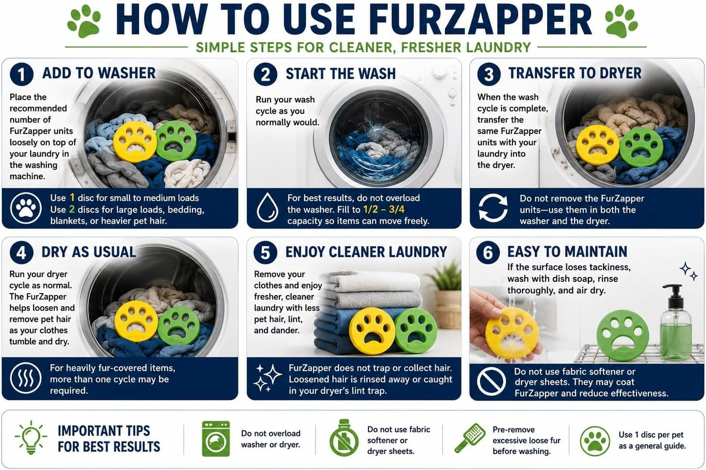 2 Pack FurZapper Pet Hair Remover for Laundry - Reusable Dog & Cat Hair Remover Tool As Seen on Shark Tank - Removes Pet Fur, Hair, Lint, Dander from Clothes & Laundry - One FurZapper Per Pet