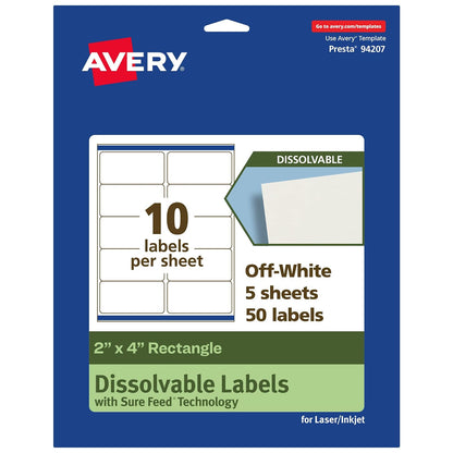 Avery Dissolvable Rectangle Labels, Sure Feed Technology, 2" x 4", Matte White, Laser/Inkjet Printable, 100 Labels Total, Freezer-Safe, Microwave-Safe, Refrigerator-Safe