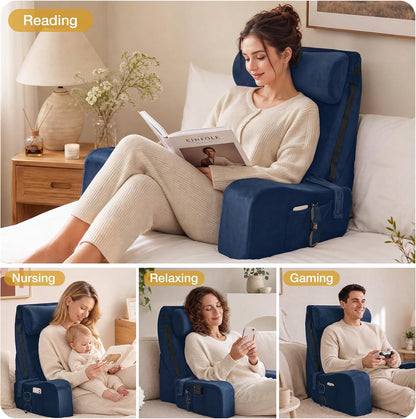 Sasttie 15-25 inch Adjustable Reading Pillow with Armrests, Dark Grey | Back Rest Pillow with Secure Side Straps, Memory Foam Back Support Cushion Bed Chair for Reading, Gaming & Relaxing