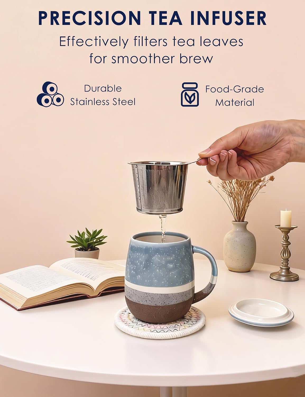 SISETOP 13.5 OZ Large Tea Cup with Infuser and Lid, Reactive Glaze Tea Infuser Mug, Ceramic Loose Leaf Teacup for Brewing, Microwave & Dishwasher Safe, Pale Blue