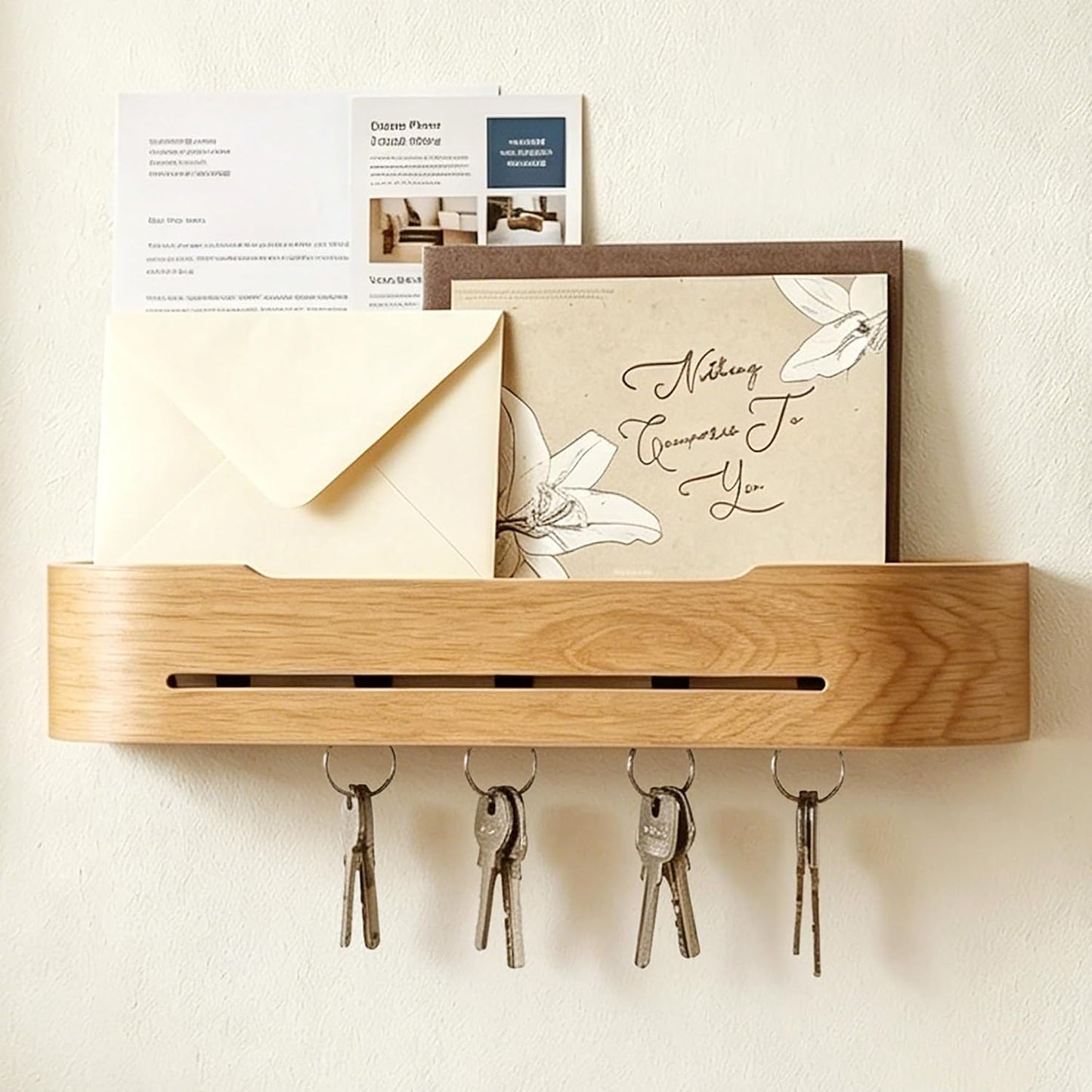 Key Holder Wall Mount with 5 Hidden Hooks Minimalis Key Hanger Rack Wood Modern Hollow Key Hook Mail Organizer Tray Shelf Home Decor for Entryway Furniture