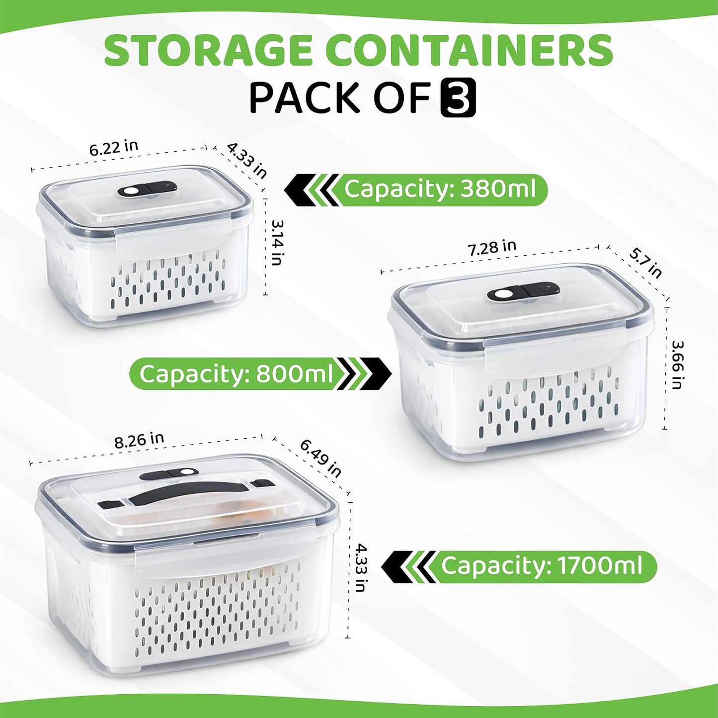 3 Pack Fridge Organizer for Fruit – Fruit Containers for Fridge with Removable Colander, BPA-Free Plastic Produce Keepers for Berry & Meat, Keeps Food Fresh Longer