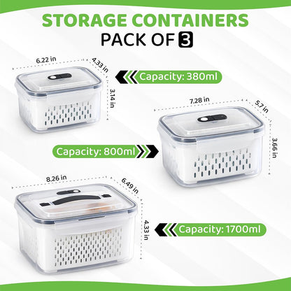 3 Pack Fridge Organizer for Fruit – Fruit Containers for Fridge with Removable Colander, BPA-Free Plastic Produce Keepers for Berry & Meat, Keeps Food Fresh Longer