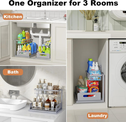Under Sink Organizer, L-Shaped 2 Tier Pull Out Cabinet Organizer | Slide Out Sink Shelf Cabinet Storage Shelves, Under Sink Storage for Kitchen Bathroom Cabinet, White, 1 Pack