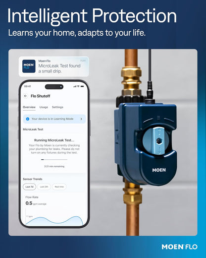 Moen Flo Shutoff, 3/4" Automatic Water Leak Detector & Shutoff, 900-001 | Automatic Shutoff, Leak Detection, MicroLeak Tests, Monitors Flow, Pressure, Moisture, and Temperature, WiFi App Control