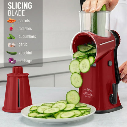 Zulay Kitchen Rotary Cheese Grater 5 Blade Cheese Shredder - Manual Hand Crank Cheese Grater With Reinforced Suction & 5 Interchangeable Drums - Easy to Use, Vegetable Chopper Round Mandoline Slicer - Colors A