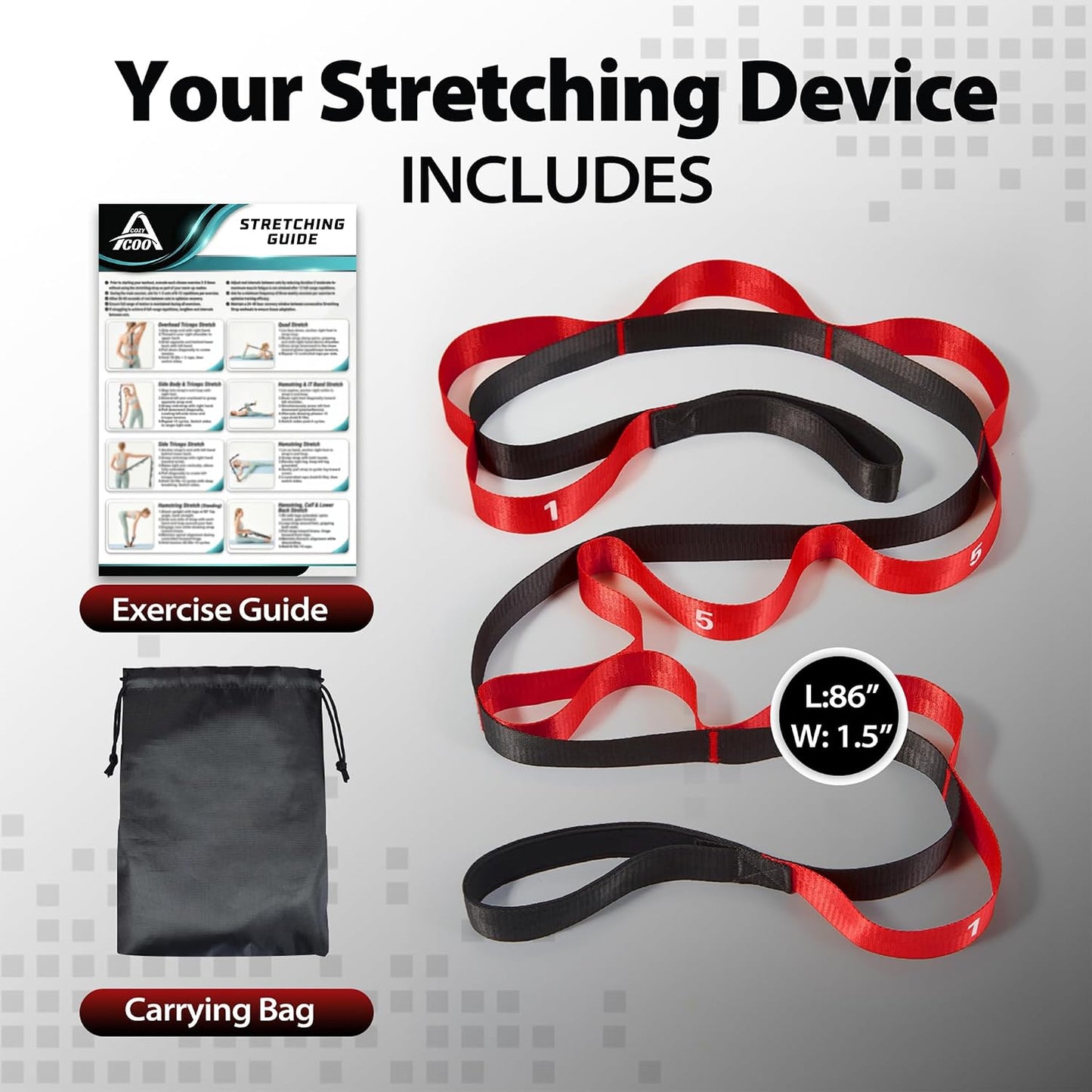 Acozycoo Stretching Strap with Loops for Physical Therapy,Knee,Calf,Back | Yoga Strap for Stretching,Non-Elastic Stretch Band,Rehab,Pilates,Flexibility Training,Hamstring,Leg Lifter,Fascia,Leg,Hip